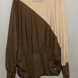 Tahari Brown and Cream Long Sleeve Top